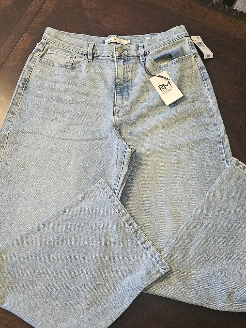 Rebecca Minkoff Light Blue High-Rise Flared Jeans with Subtle Rhinestone Detail